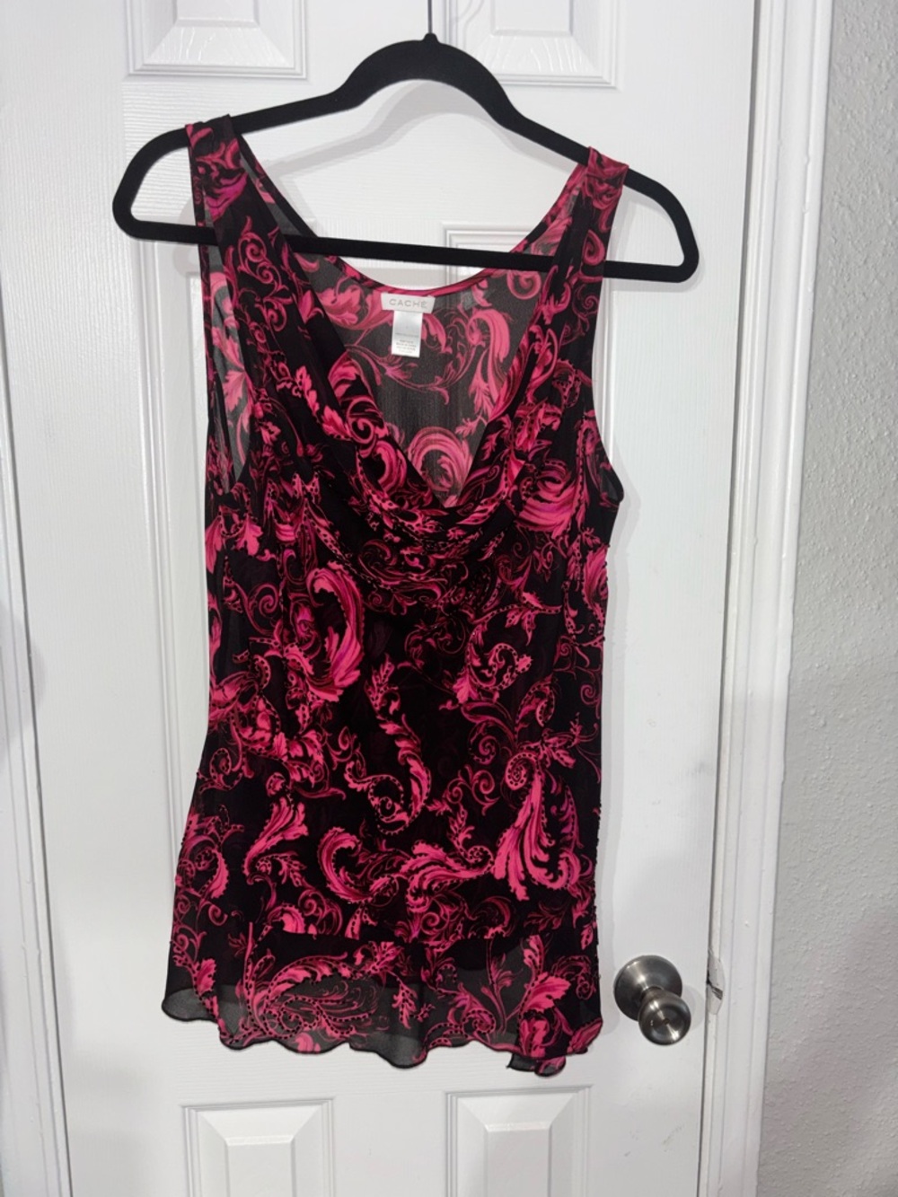 Cache Black and Pink Scroll-Print Cowl Neck Camisole